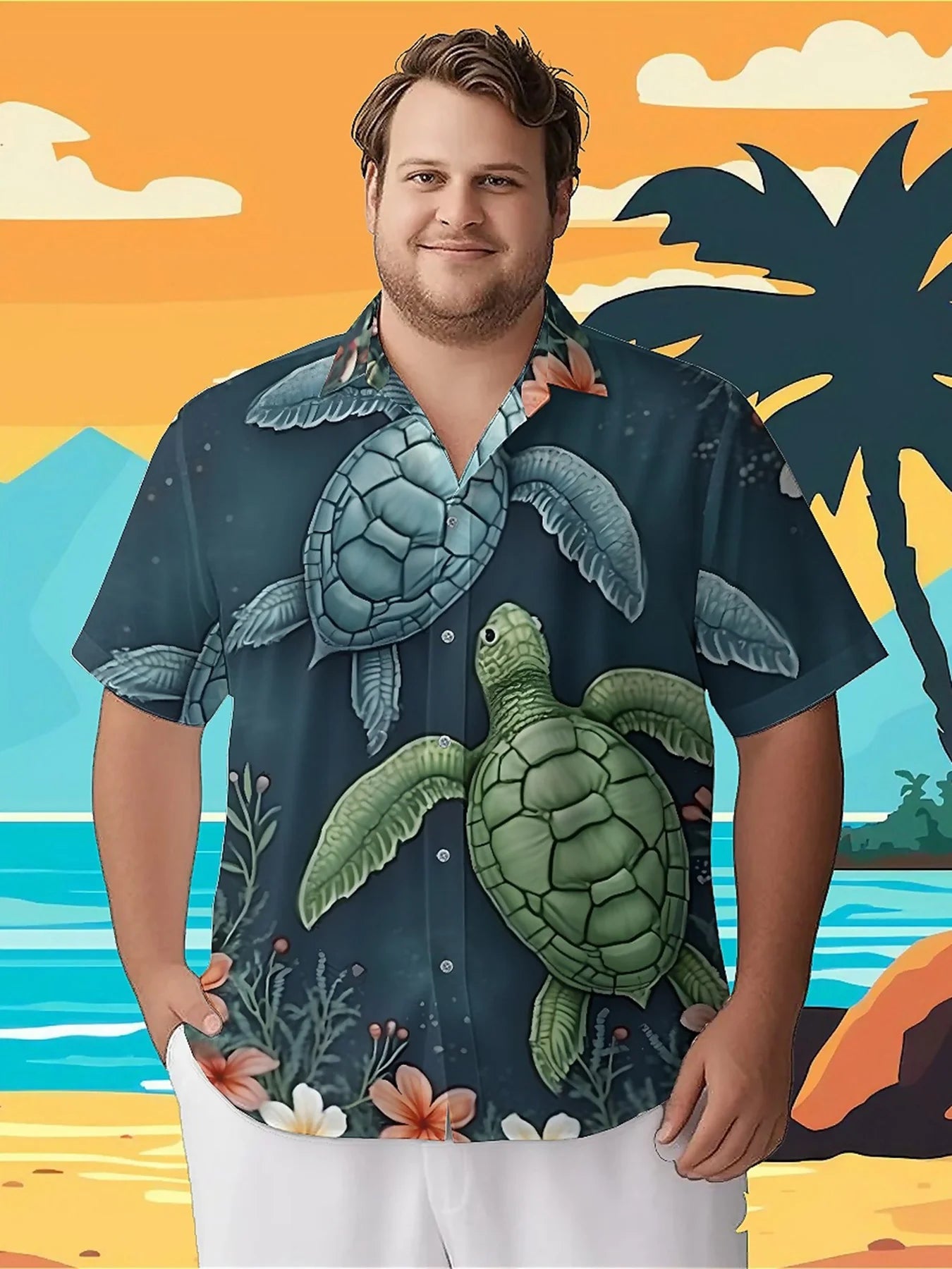 Men's Plus Size Hawaiian Shirts Tropical Turtles and Flowers pattern, Button Up Shirts, Unisex Casual Clothing, Summer Tops