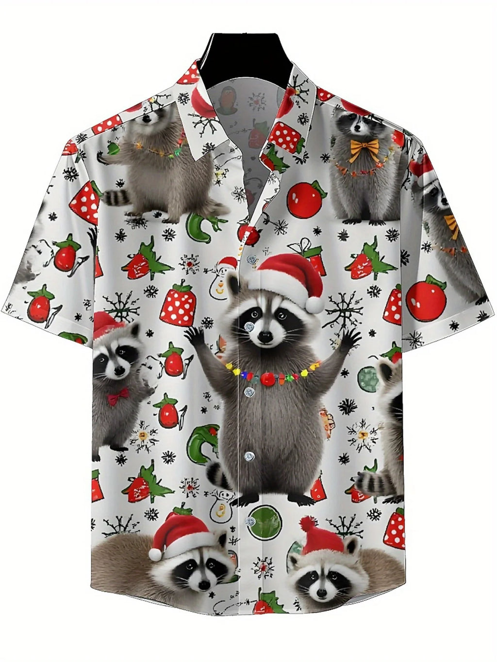 Men's Plus Size Hawaiian Shirts Cute Raccoon Christmas Pattern, Button Up Shirts, Unisex Casual Clothing, Summer Tops