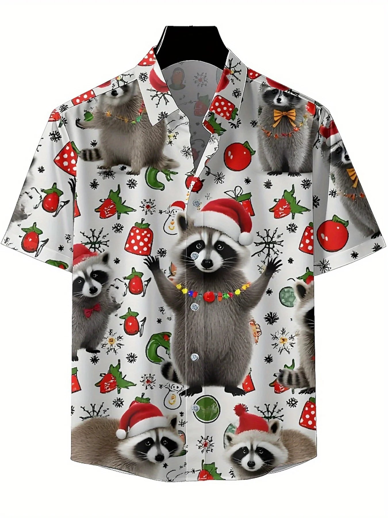 Men's Plus Size Hawaiian Shirts Cute Raccoon Christmas Pattern, Button Up Shirts, Unisex Casual Clothing, Summer Tops