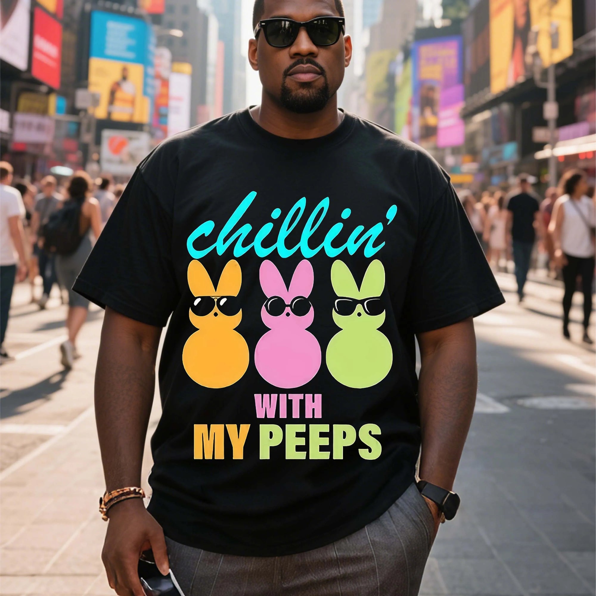 Plus Size Three Bunny Pattern Black Short Sleeve T-Shirt with Sunglasses Design Suitable for Outdoor Leisure Wear in Summer