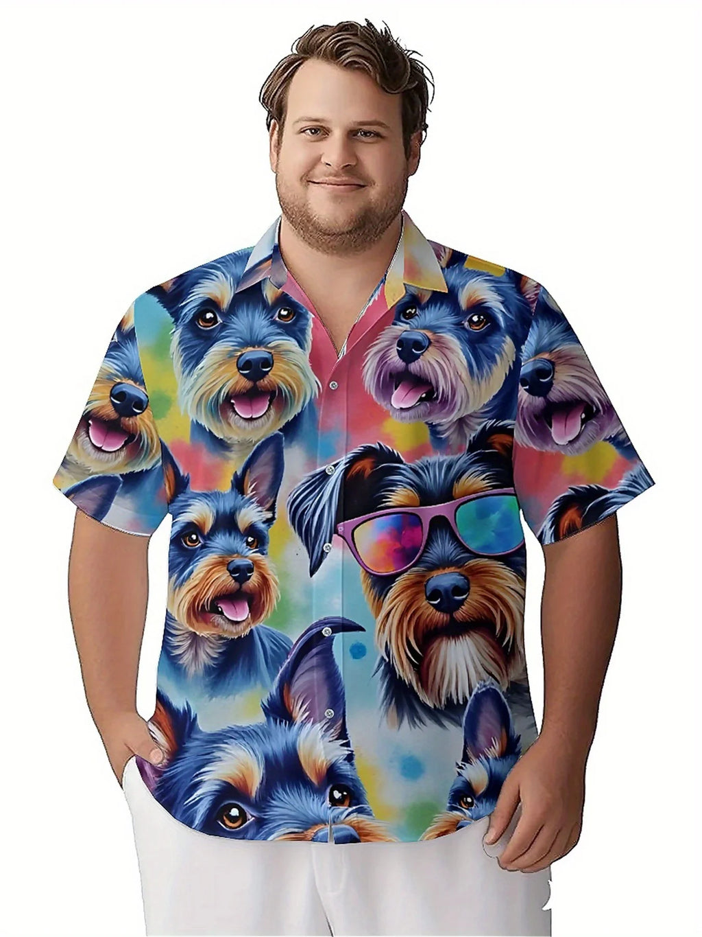 Men's Plus Size Hawaiian Shirts Rainbow Spotted Dog Pattern, Button Up Shirts, Unisex Casual Clothing, Summer Tops