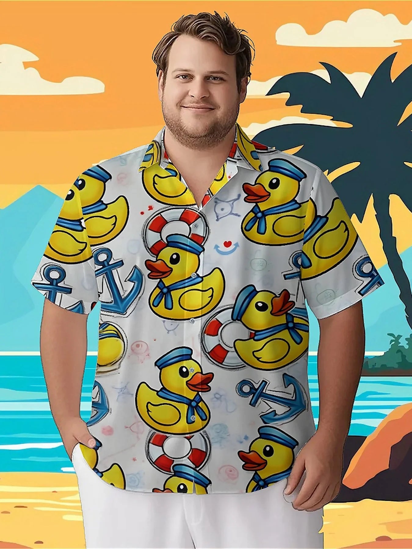 Men's Plus Size Hawaiian Shirts Nautical Theme Rubber Duck pattern, Summer Casual Tops, Suitable for Outdoor Party, Streetwear