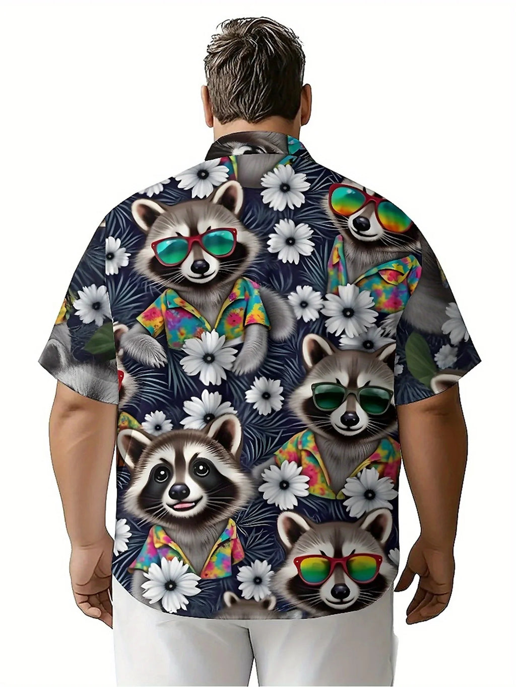 Men's Plus Size Hawaiian Shirts Raccoon and Tropical Plants pattern, Button Up Shirts, Unisex Casual Clothing, Summer Tops