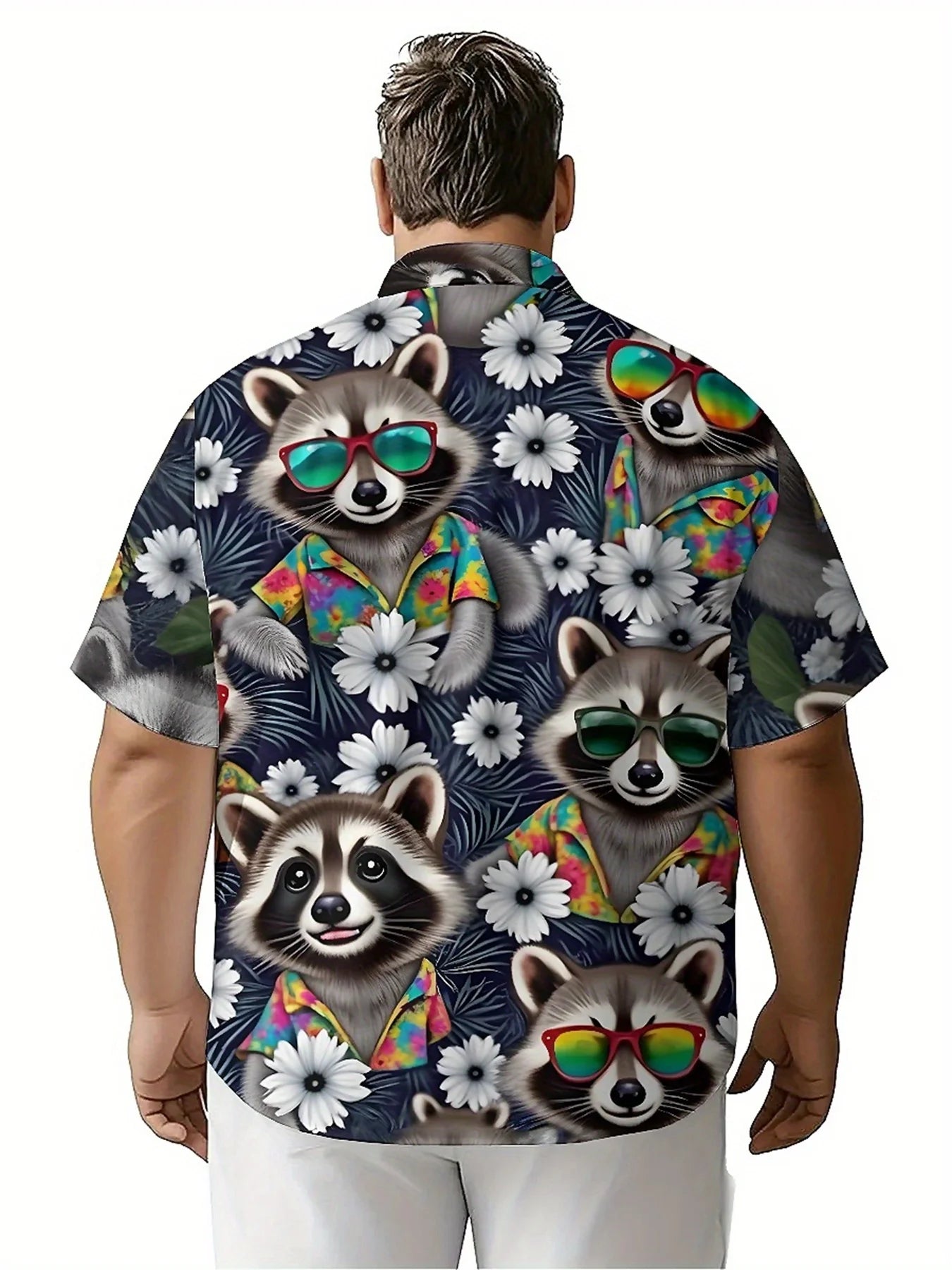 Men's Plus Size Hawaiian Shirts Raccoon and Tropical Plants pattern, Button Up Shirts, Unisex Casual Clothing, Summer Tops