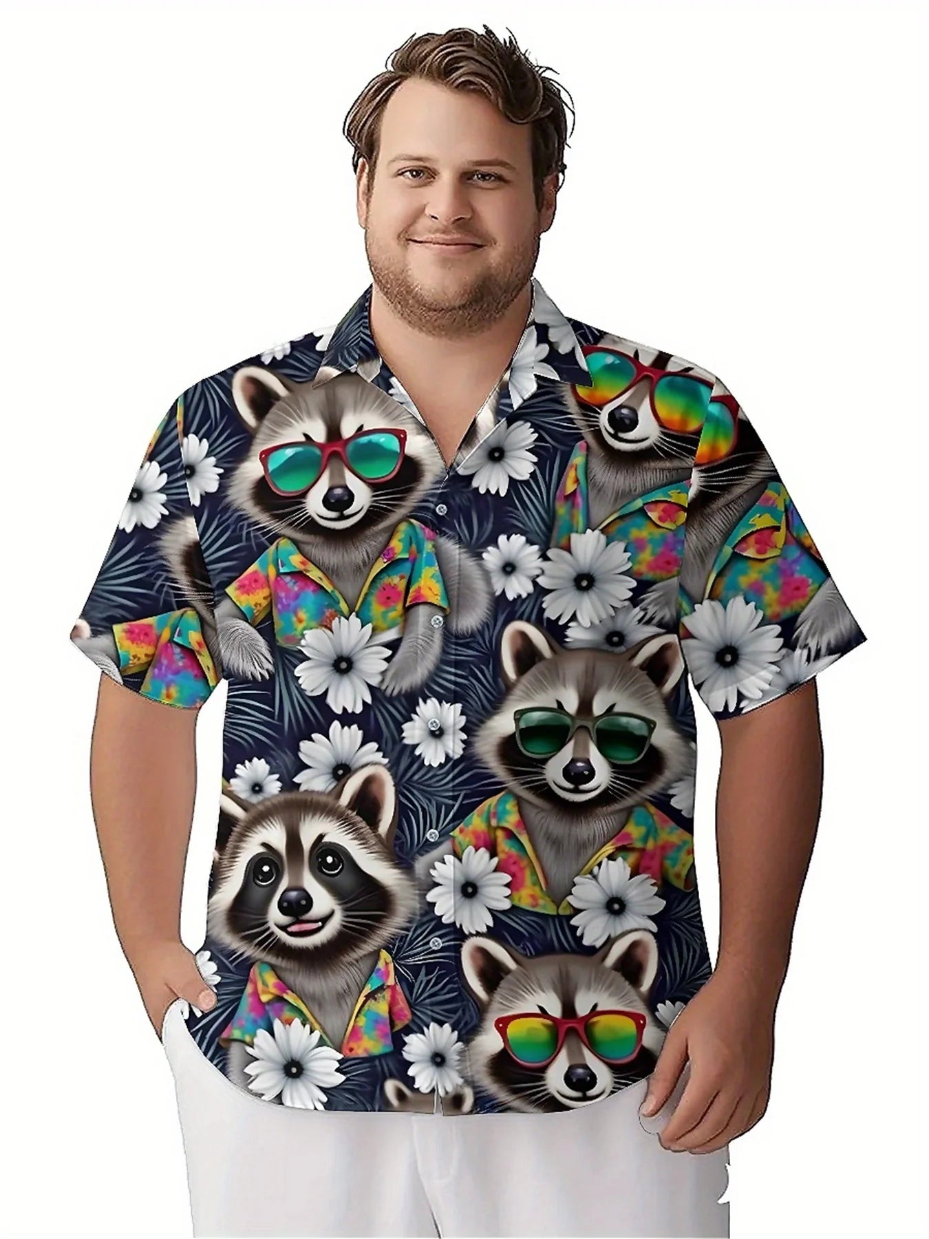 Men's Plus Size Hawaiian Shirts Raccoon and Tropical Plants pattern, Button Up Shirts, Unisex Casual Clothing, Summer Tops