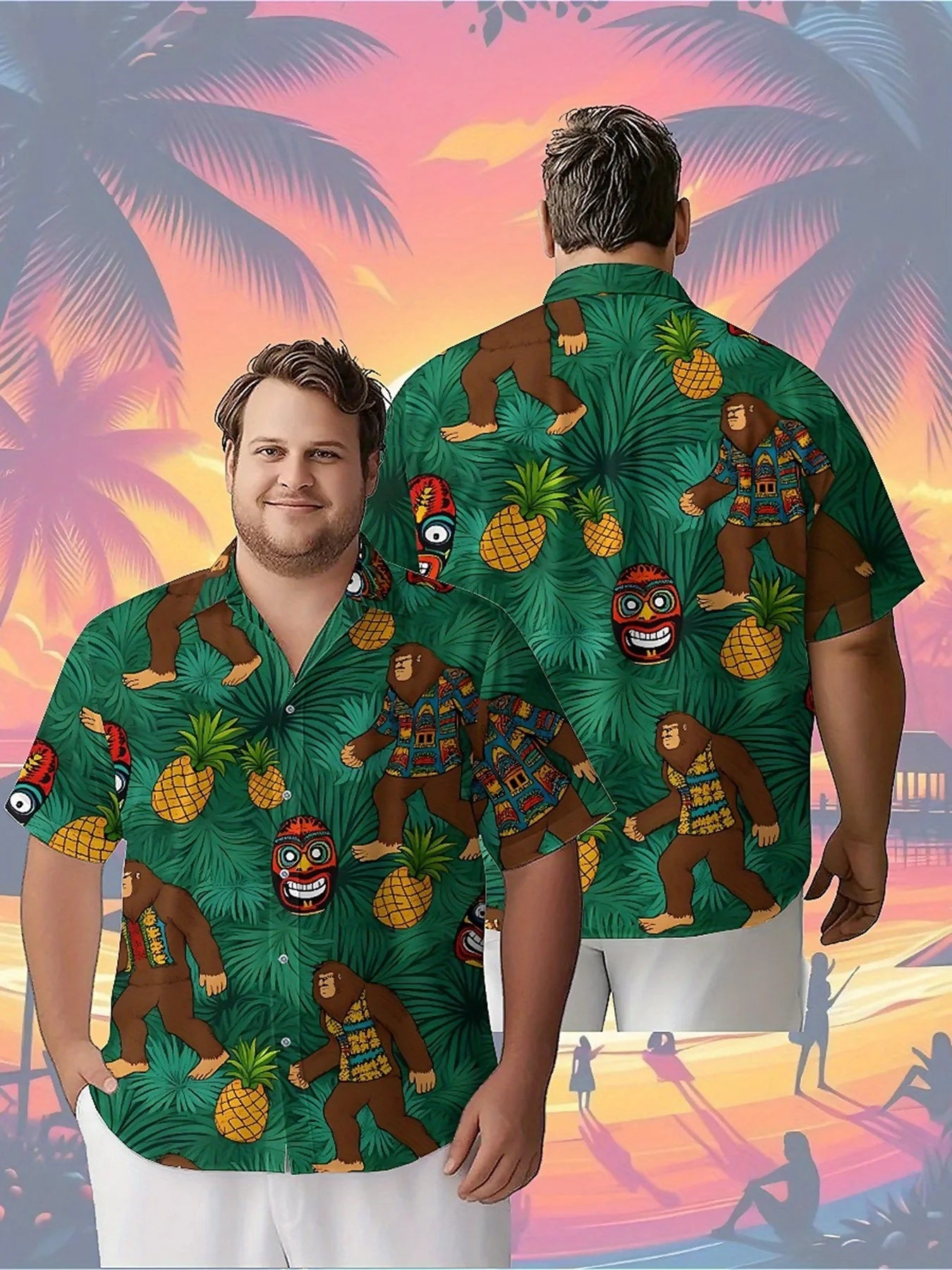 Men's Plus Size Hawaiian Shirts Sasquatch Jungle Adventure pattern, Button Up Shirts, Unisex Casual Clothing, Summer Tops