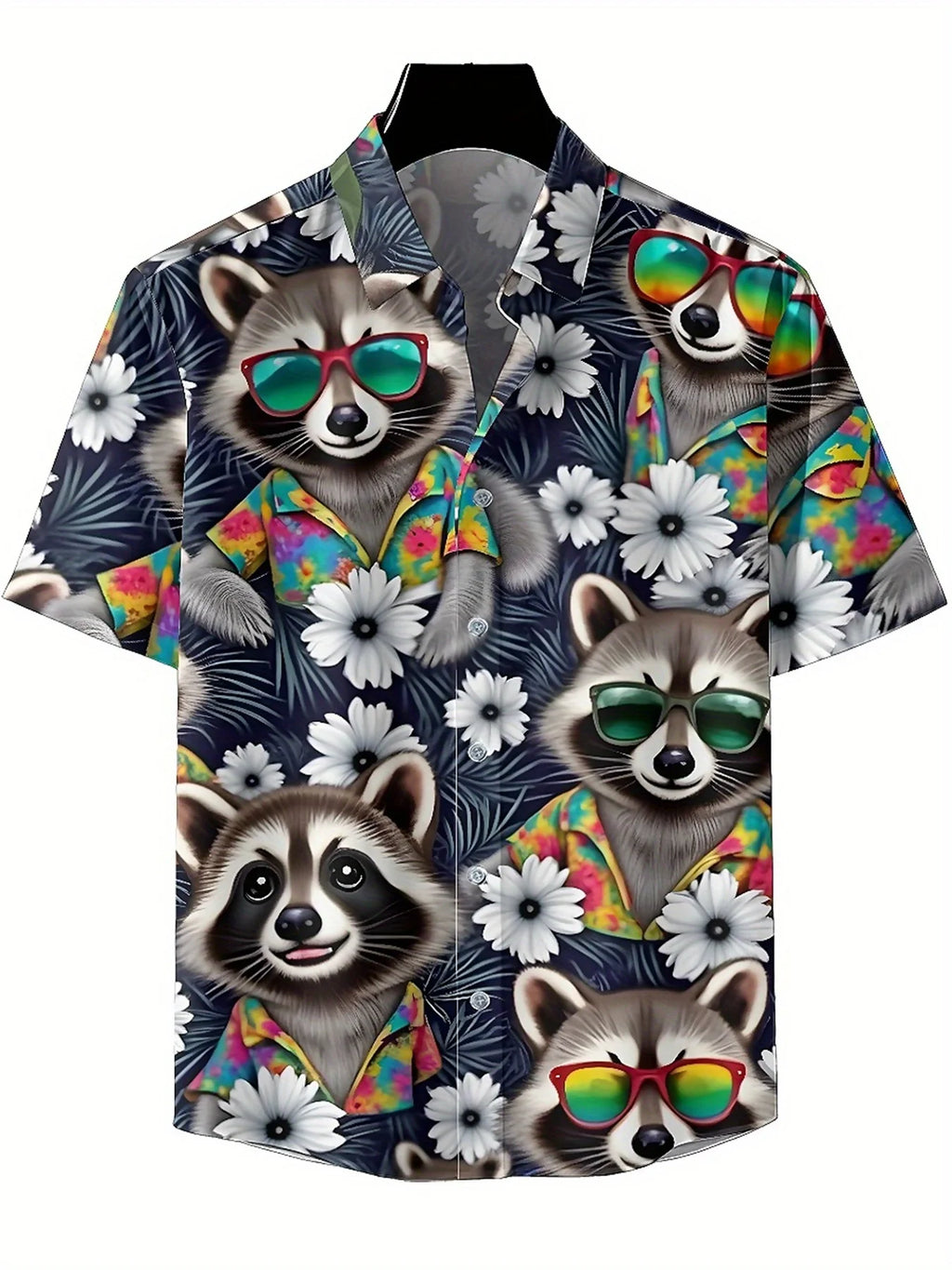 Men's Plus Size Hawaiian Shirts Raccoon and Tropical Plants pattern, Button Up Shirts, Unisex Casual Clothing, Summer Tops