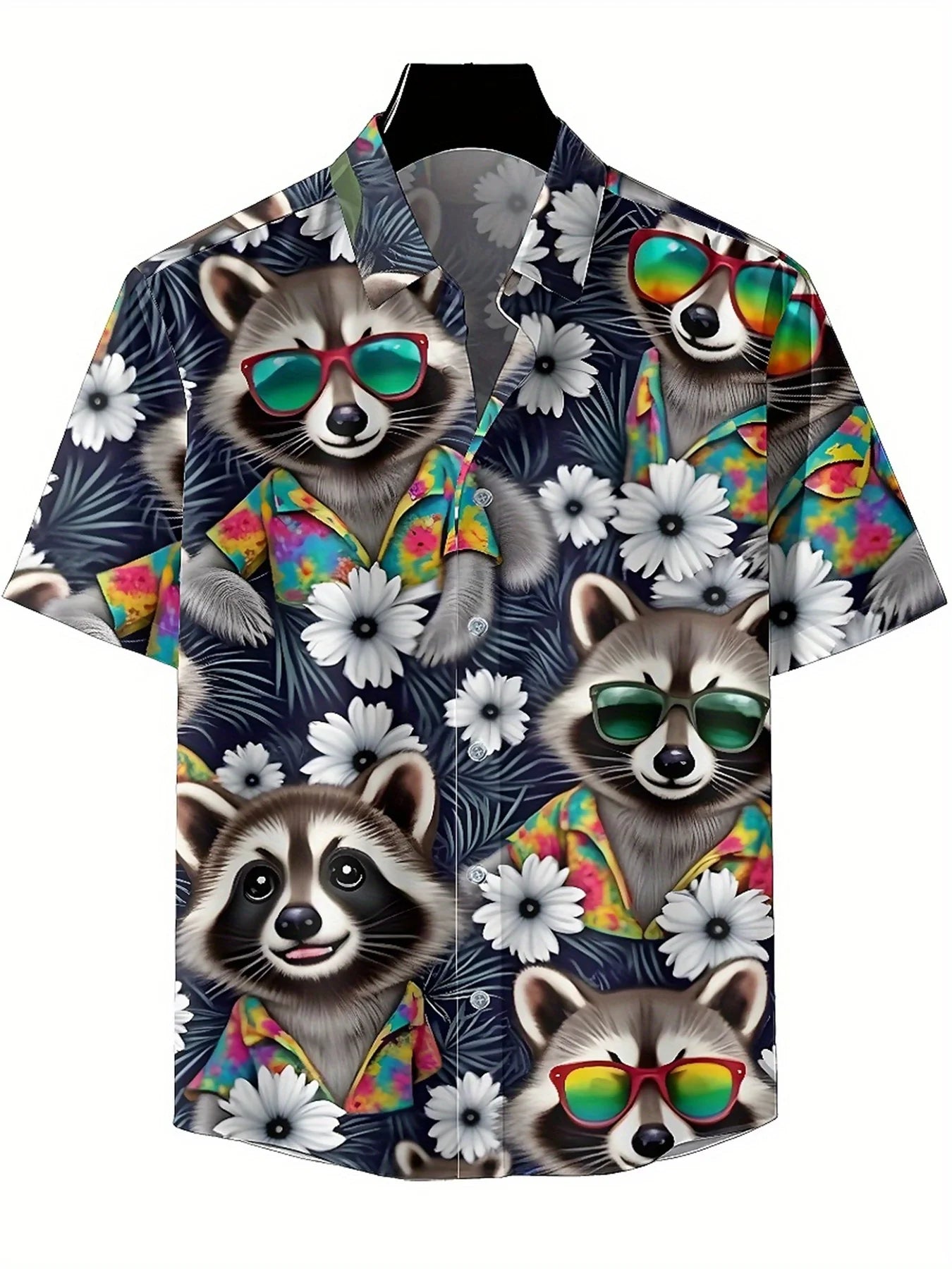 Men's Plus Size Hawaiian Shirts Raccoon and Tropical Plants pattern, Button Up Shirts, Unisex Casual Clothing, Summer Tops