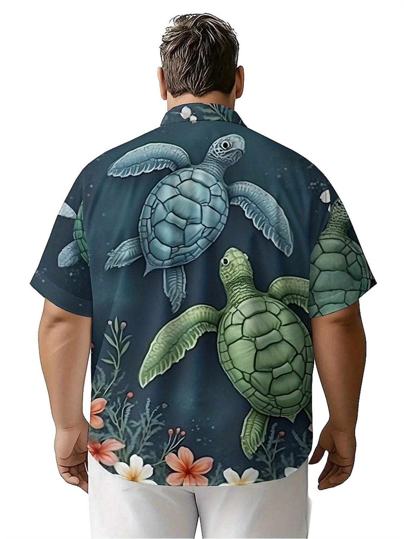 Men's Plus Size Hawaiian Shirts Tropical Turtles and Flowers pattern, Button Up Shirts, Unisex Casual Clothing, Summer Tops