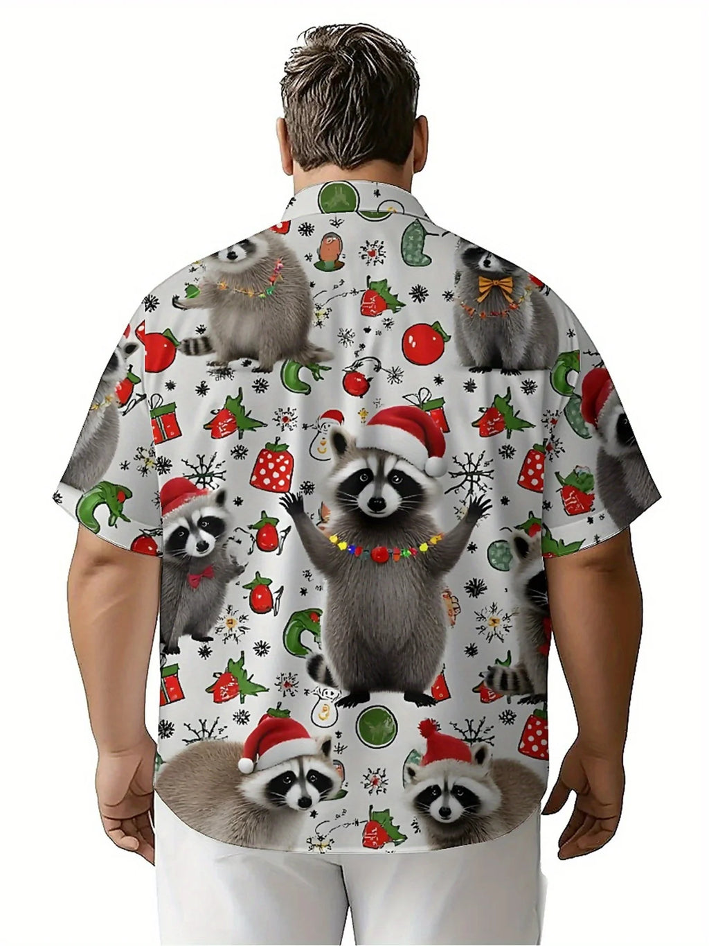 Men's Plus Size Hawaiian Shirts Cute Raccoon Christmas Pattern, Button Up Shirts, Unisex Casual Clothing, Summer Tops