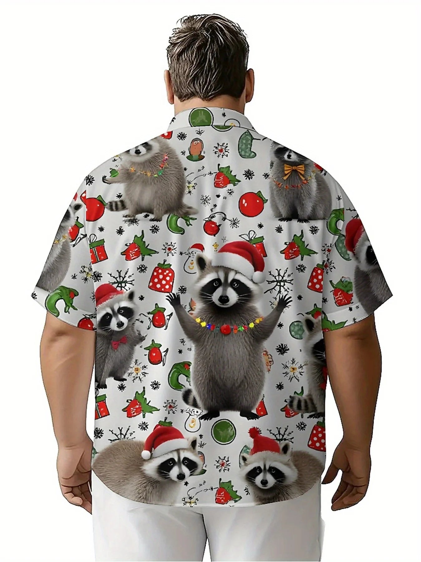 Men's Plus Size Hawaiian Shirts Cute Raccoon Christmas Pattern, Button Up Shirts, Unisex Casual Clothing, Summer Tops