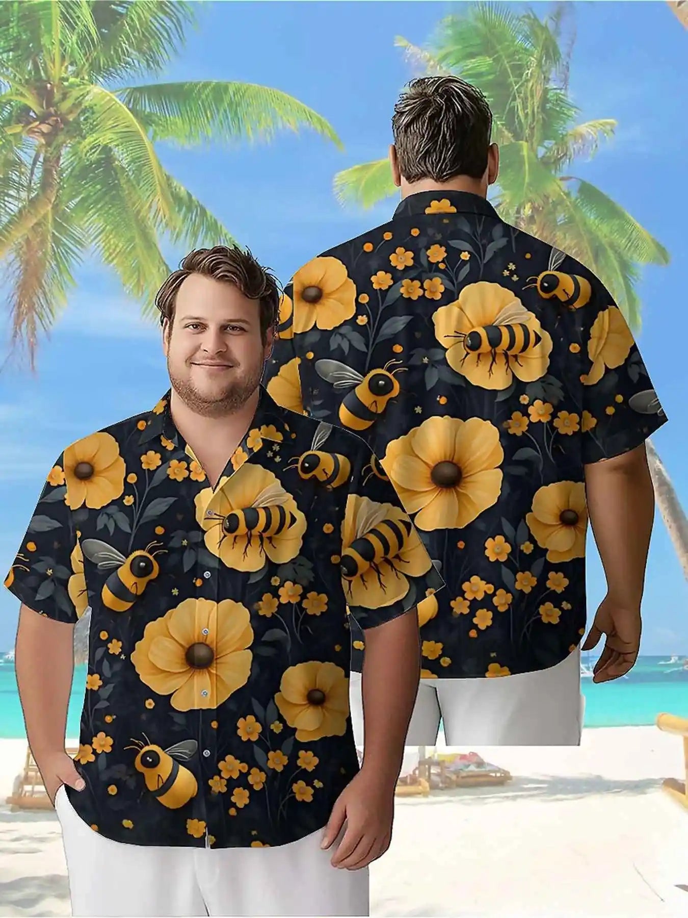 Men's Plus Size Hawaiian Shirts Bee and Flower pattern, Unisex Aloha Shirts,New in Summer Tops Tee,streetwear