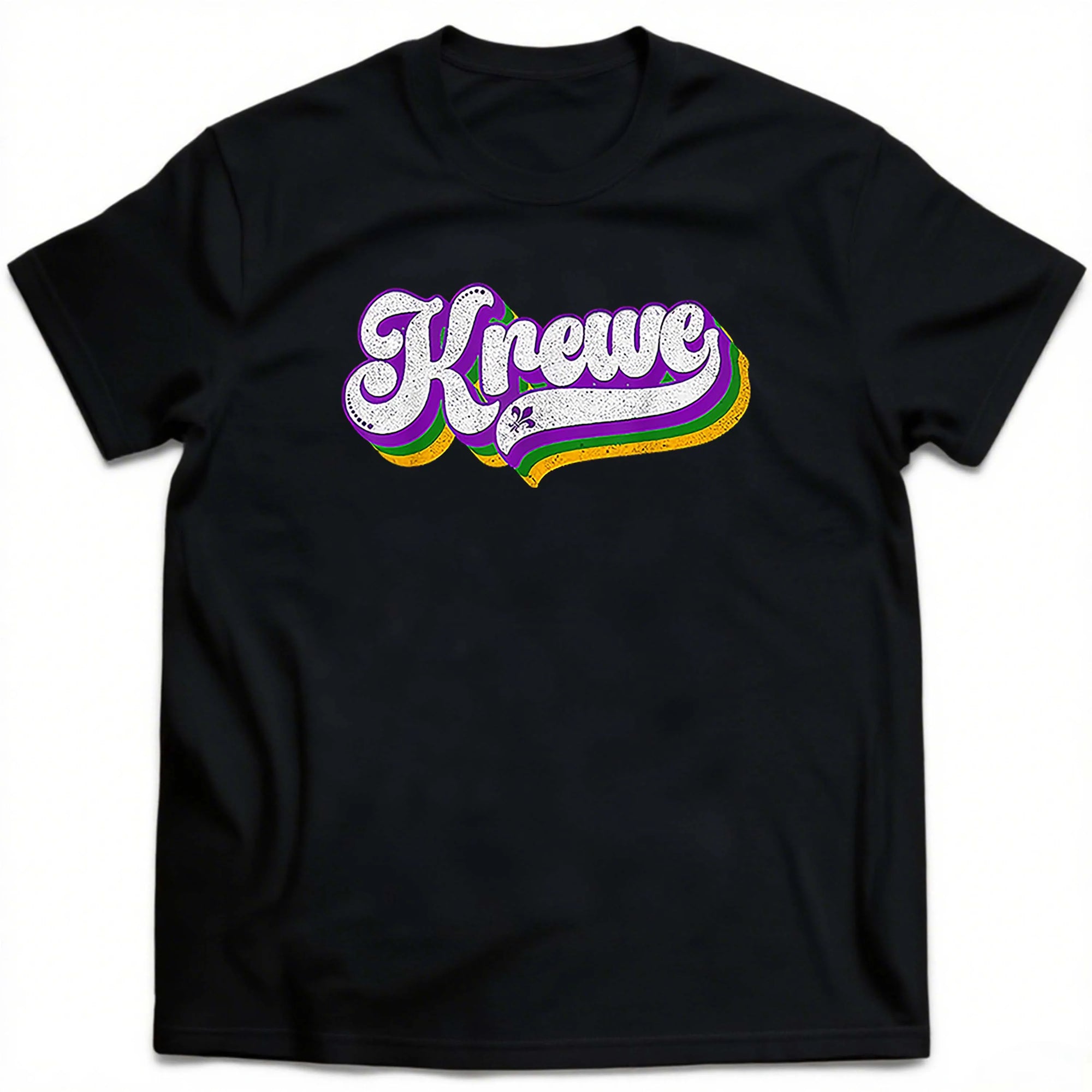 Plus Size Black Short Sleeve T-Shirt with Colorful“Krewe” Word for Street Fashion Suitable for Outdoor Leisure Wear in Summer