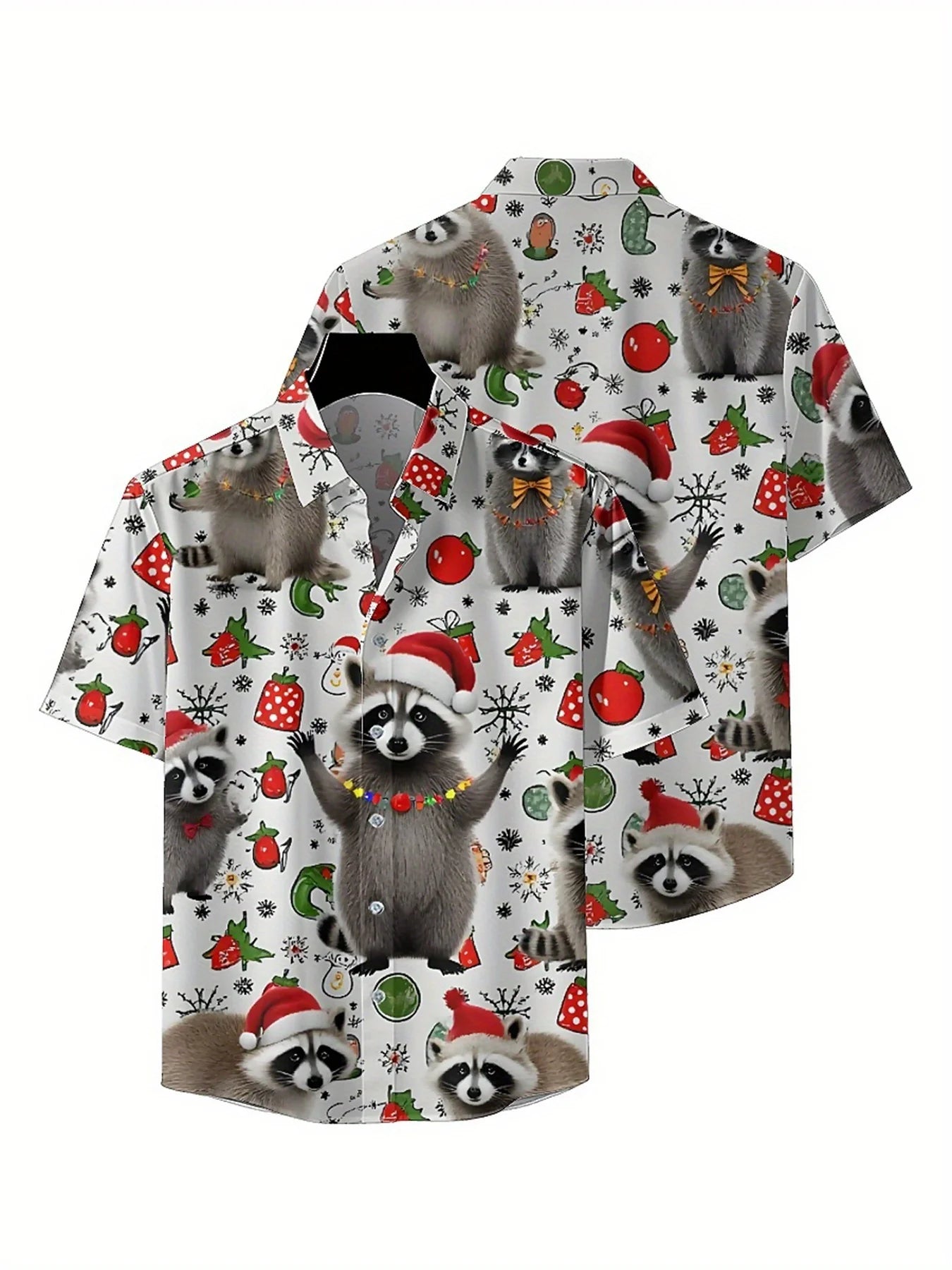 Men's Plus Size Hawaiian Shirts Cute Raccoon Christmas Pattern, Button Up Shirts, Unisex Casual Clothing, Summer Tops