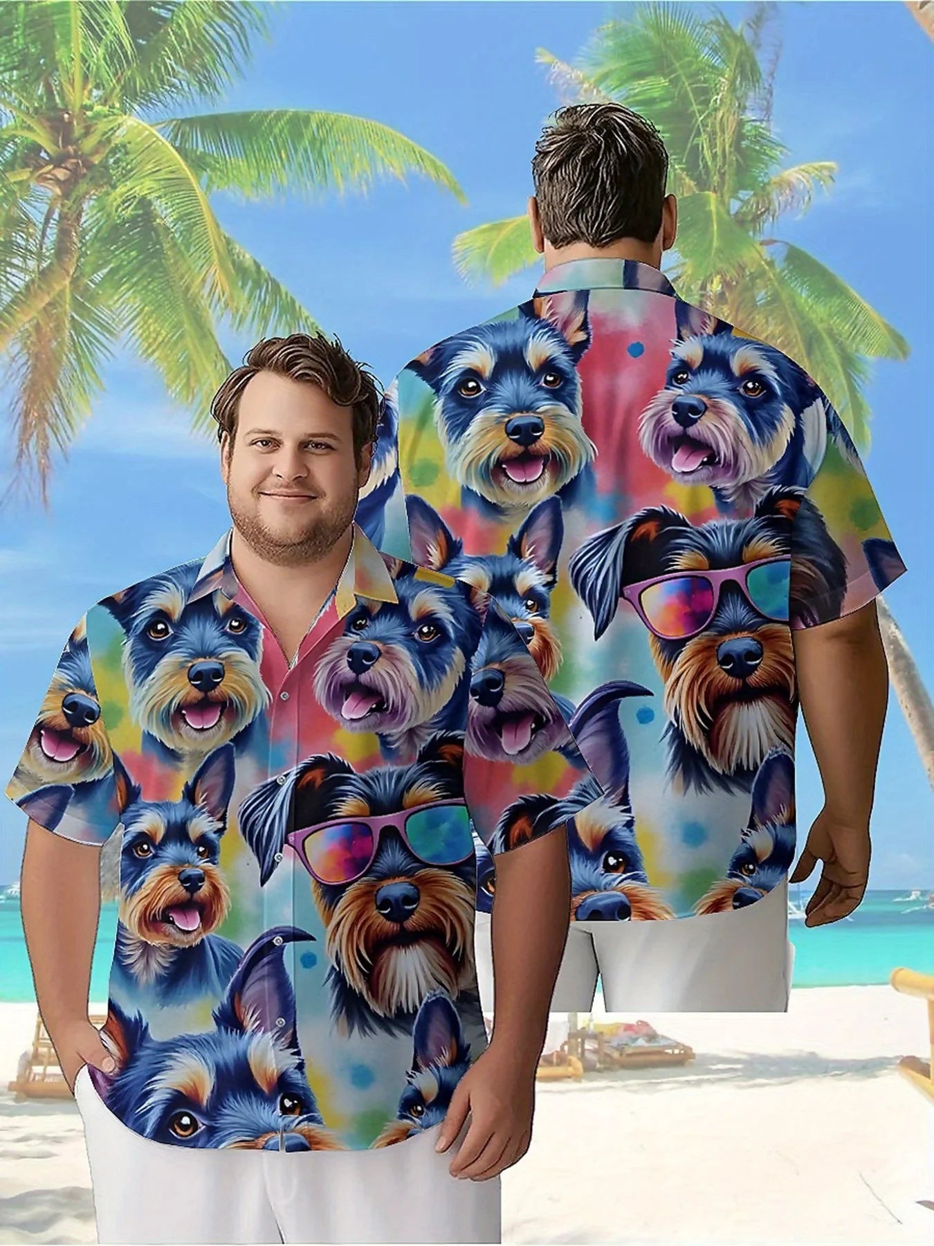 Men's Plus Size Hawaiian Shirts Rainbow Spotted Dog Pattern, Button Up Shirts, Unisex Casual Clothing, Summer Tops