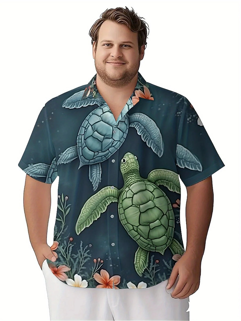 Men's Plus Size Hawaiian Shirts Tropical Turtles and Flowers pattern, Button Up Shirts, Unisex Casual Clothing, Summer Tops