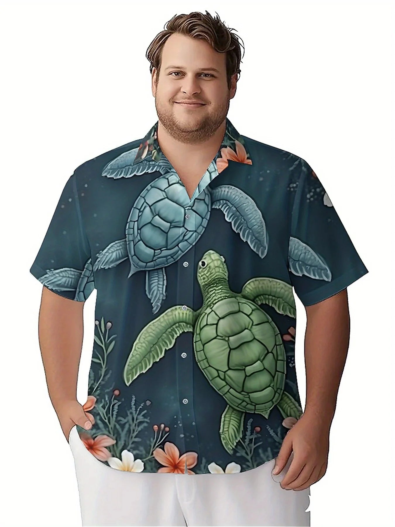 Men's Plus Size Hawaiian Shirts Tropical Turtles and Flowers pattern, Button Up Shirts, Unisex Casual Clothing, Summer Tops