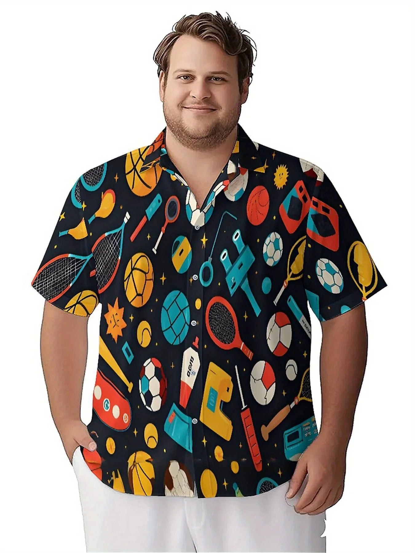 Men's Plus Size Hawaiian Shirts Basketball, Tennis, Football and Other Sports Elements pattern,Baggy Aloha Shirt,summer Clothing