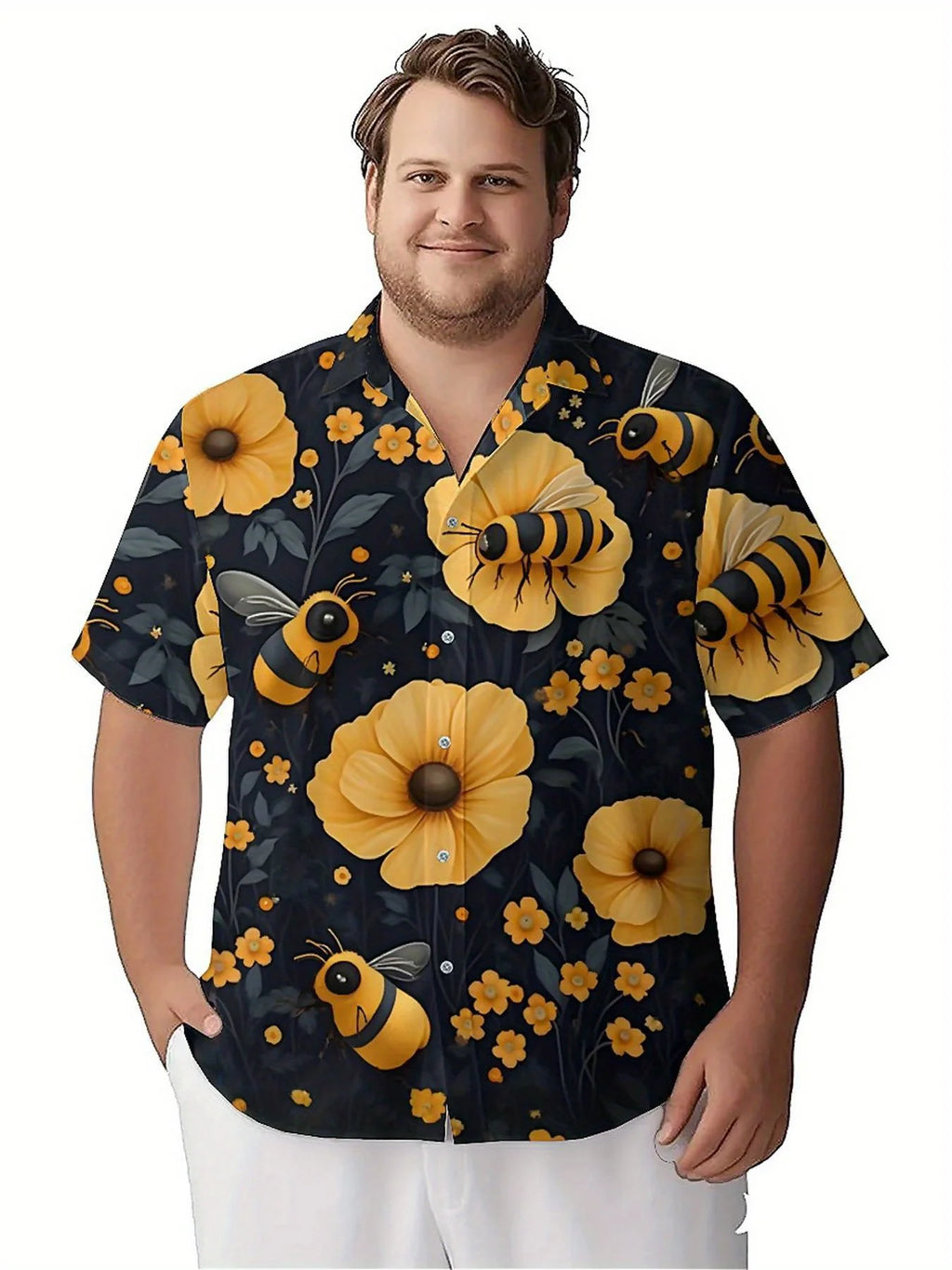 Men's Plus Size Hawaiian Shirts Bee and Flower pattern, Unisex Aloha Shirts,New in Summer Tops Tee,streetwear