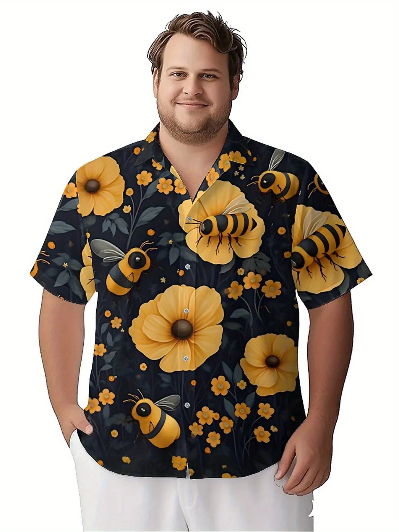 Men's Plus Size Hawaiian Shirts Bee and Flower pattern, Unisex Aloha Shirts,New in Summer Tops Tee,streetwear