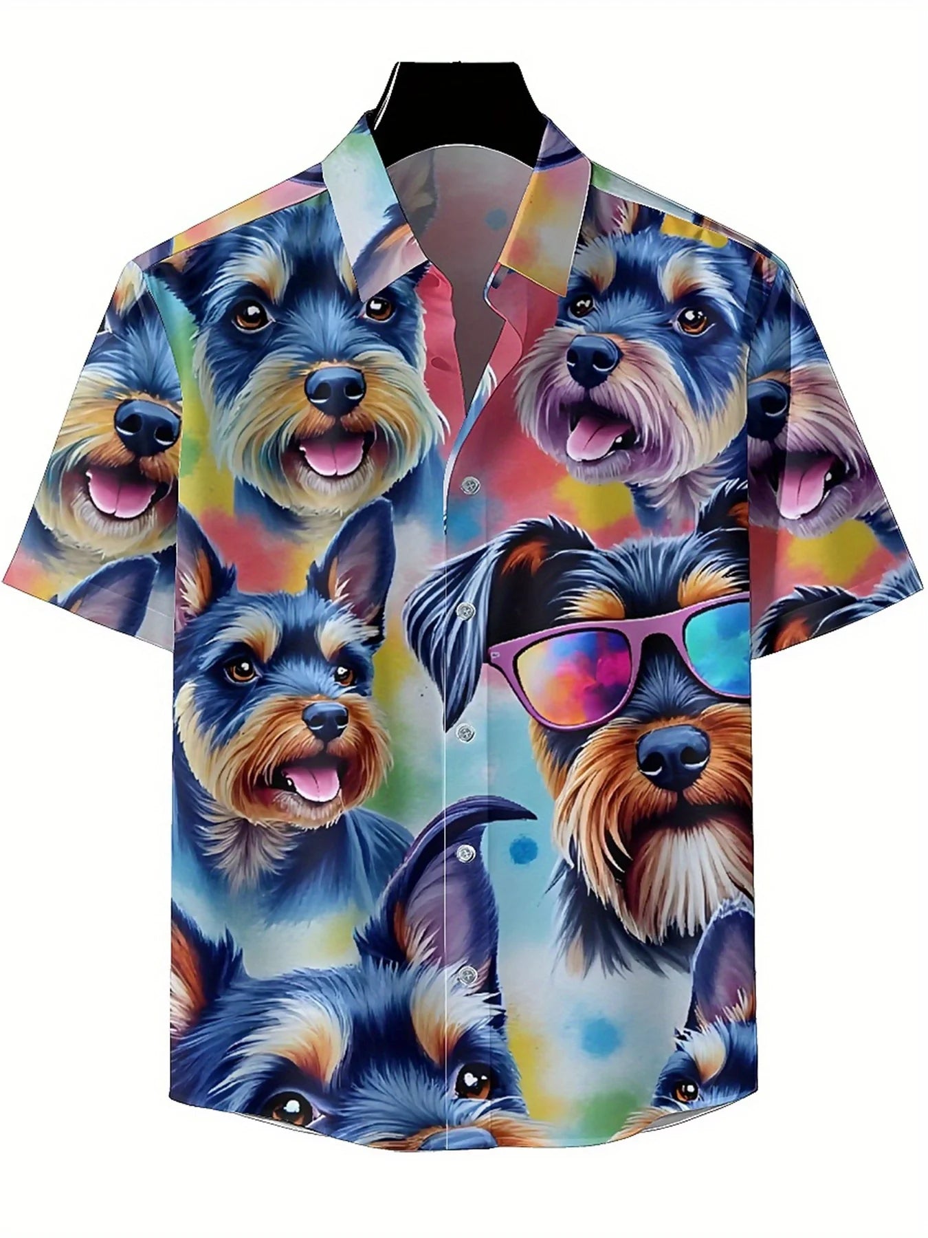 Men's Plus Size Hawaiian Shirts Rainbow Spotted Dog Pattern, Button Up Shirts, Unisex Casual Clothing, Summer Tops