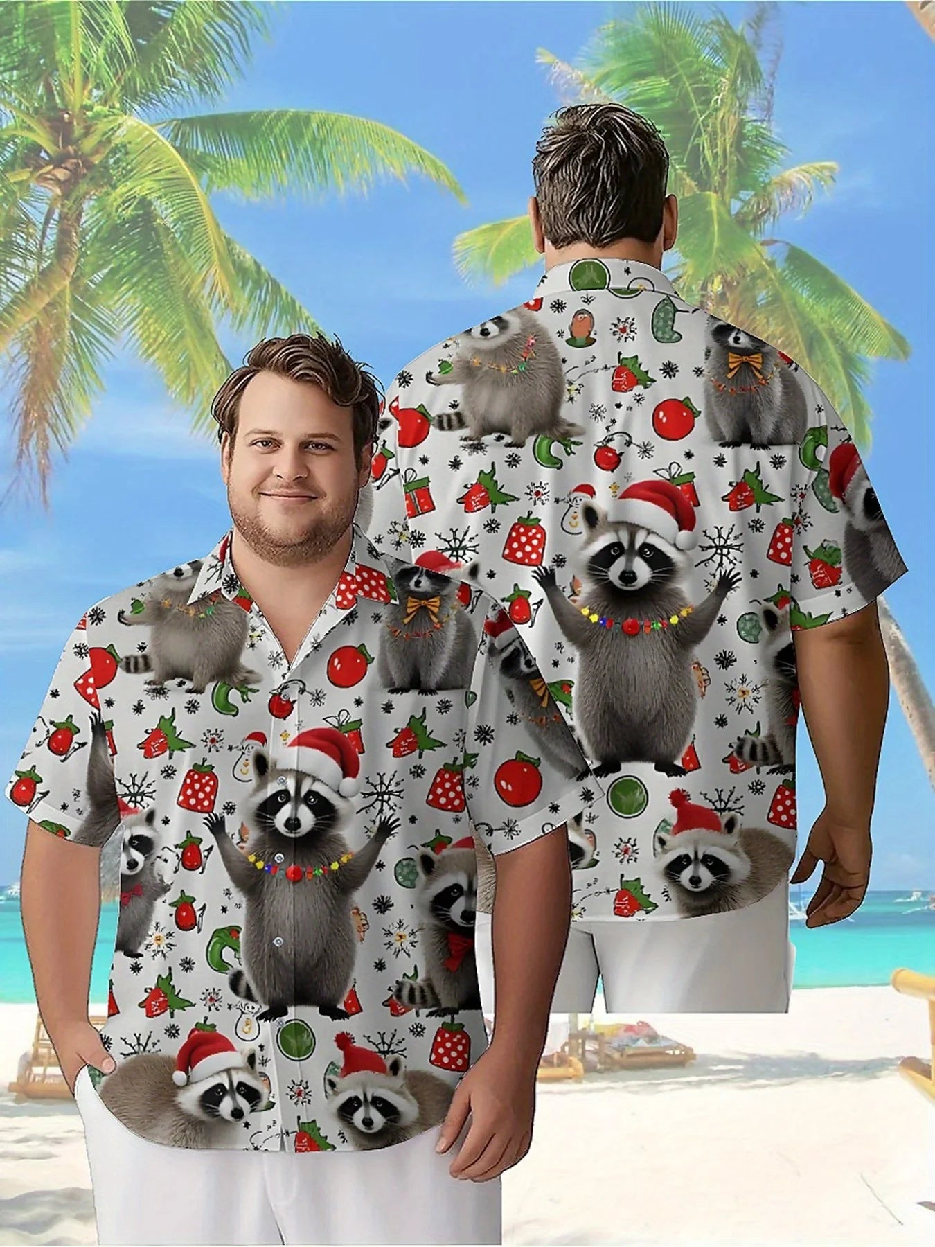 Men's Plus Size Hawaiian Shirts Cute Raccoon Christmas Pattern, Button Up Shirts, Unisex Casual Clothing, Summer Tops