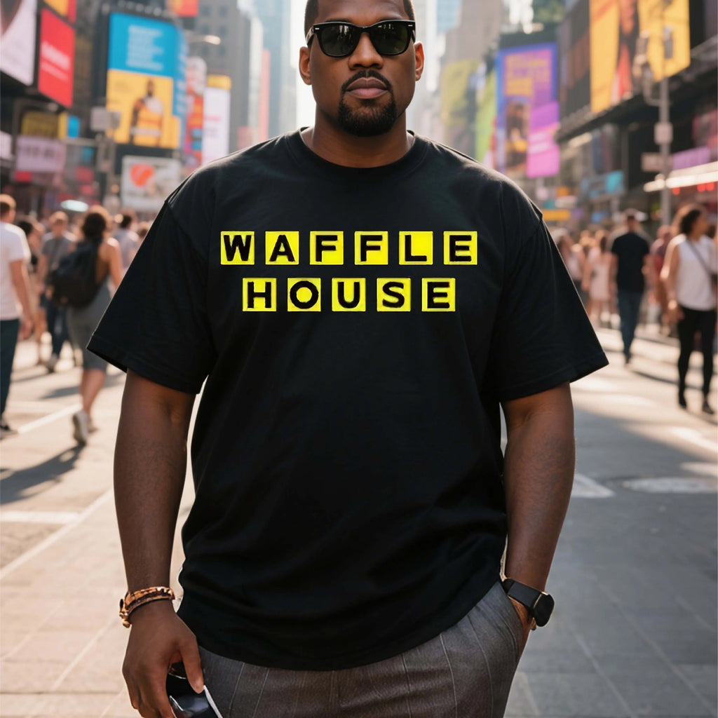 Plus Size Black Short Sleeve T-Shirt with Yellow " Waffle House" Print on Front Suitable for Outdoor Leisure Wear in Summer