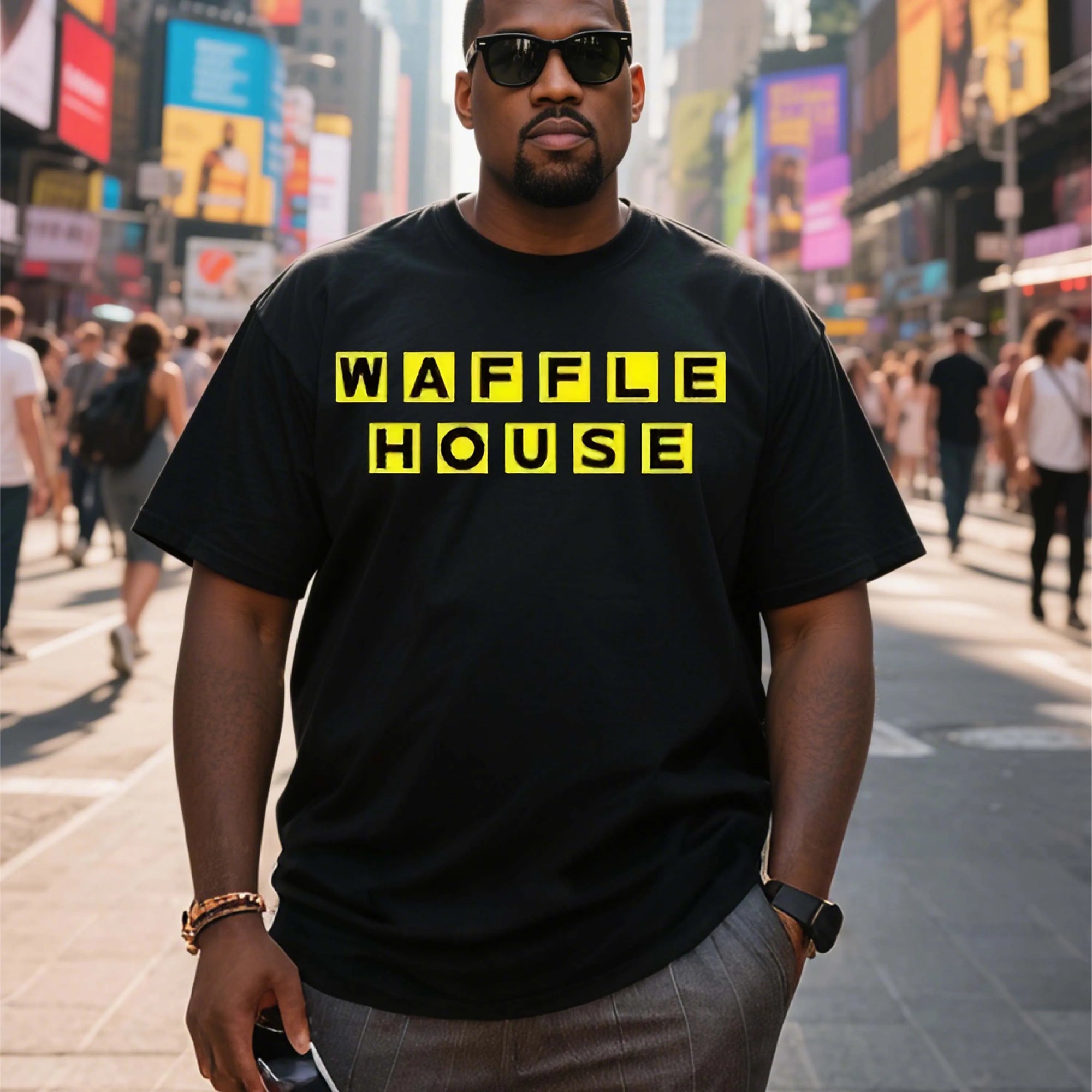 Plus Size Black Short Sleeve T-Shirt with Yellow " Waffle House" Print on Front Suitable for Outdoor Leisure Wear in Summer