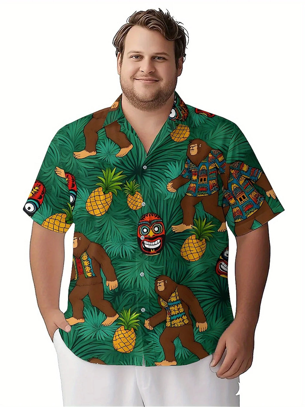 Men's Plus Size Hawaiian Shirts Sasquatch Jungle Adventure pattern, Button Up Shirts, Unisex Casual Clothing, Summer Tops