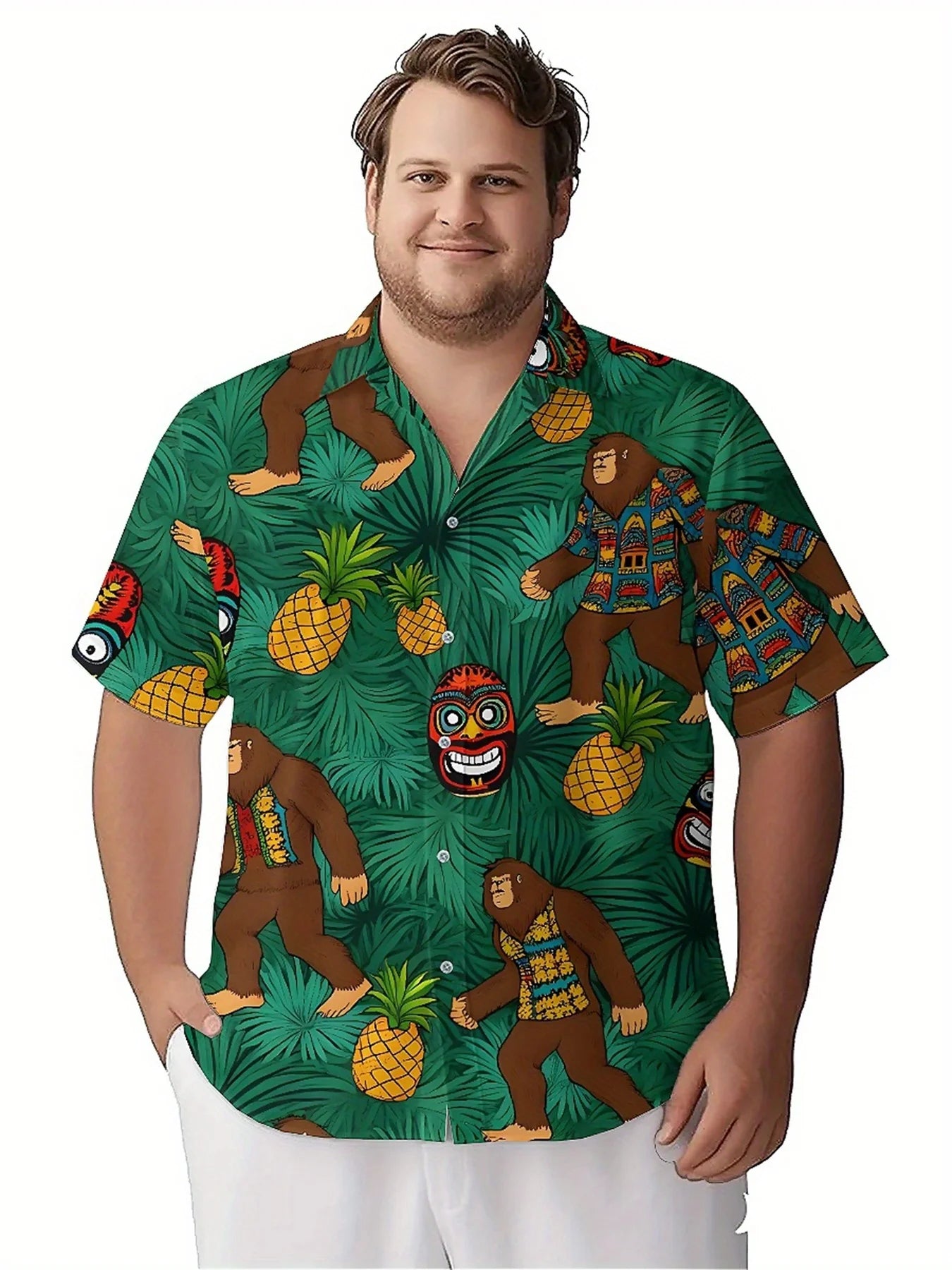 Men's Plus Size Hawaiian Shirts Sasquatch Jungle Adventure pattern, Button Up Shirts, Unisex Casual Clothing, Summer Tops
