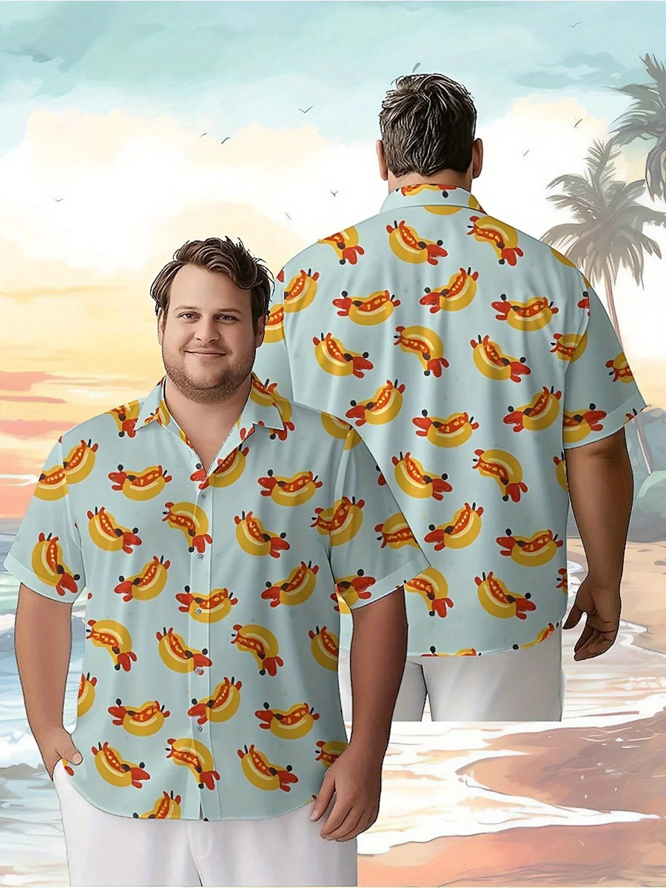 Men's Plus Size Hawaiian Shirts Banana and Hot Dog Pattern,New Summer Fashion Tops,Hip Hop Streetwear