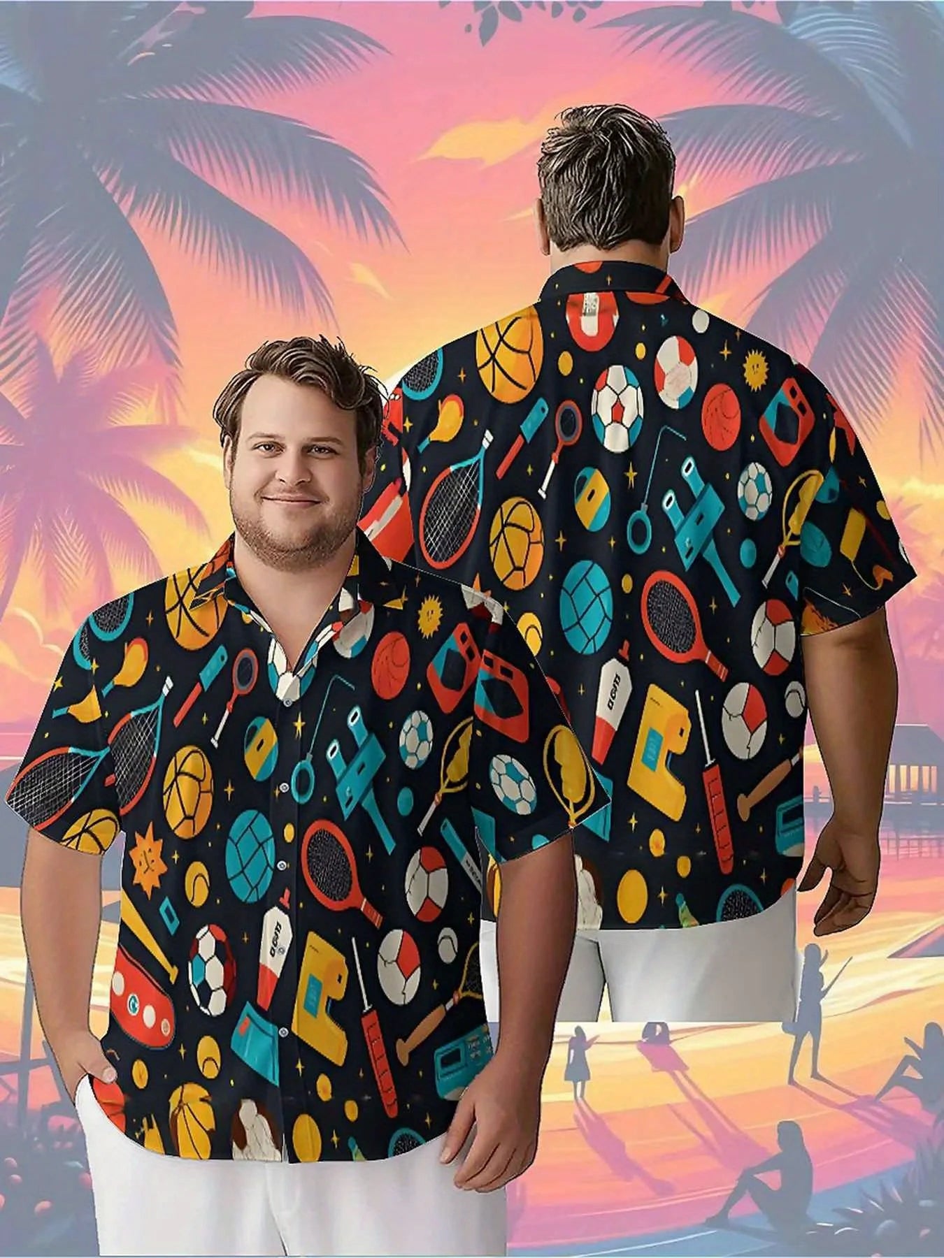 Men's Plus Size Hawaiian Shirts Basketball, Tennis, Football and Other Sports Elements pattern,Baggy Aloha Shirt,summer Clothing