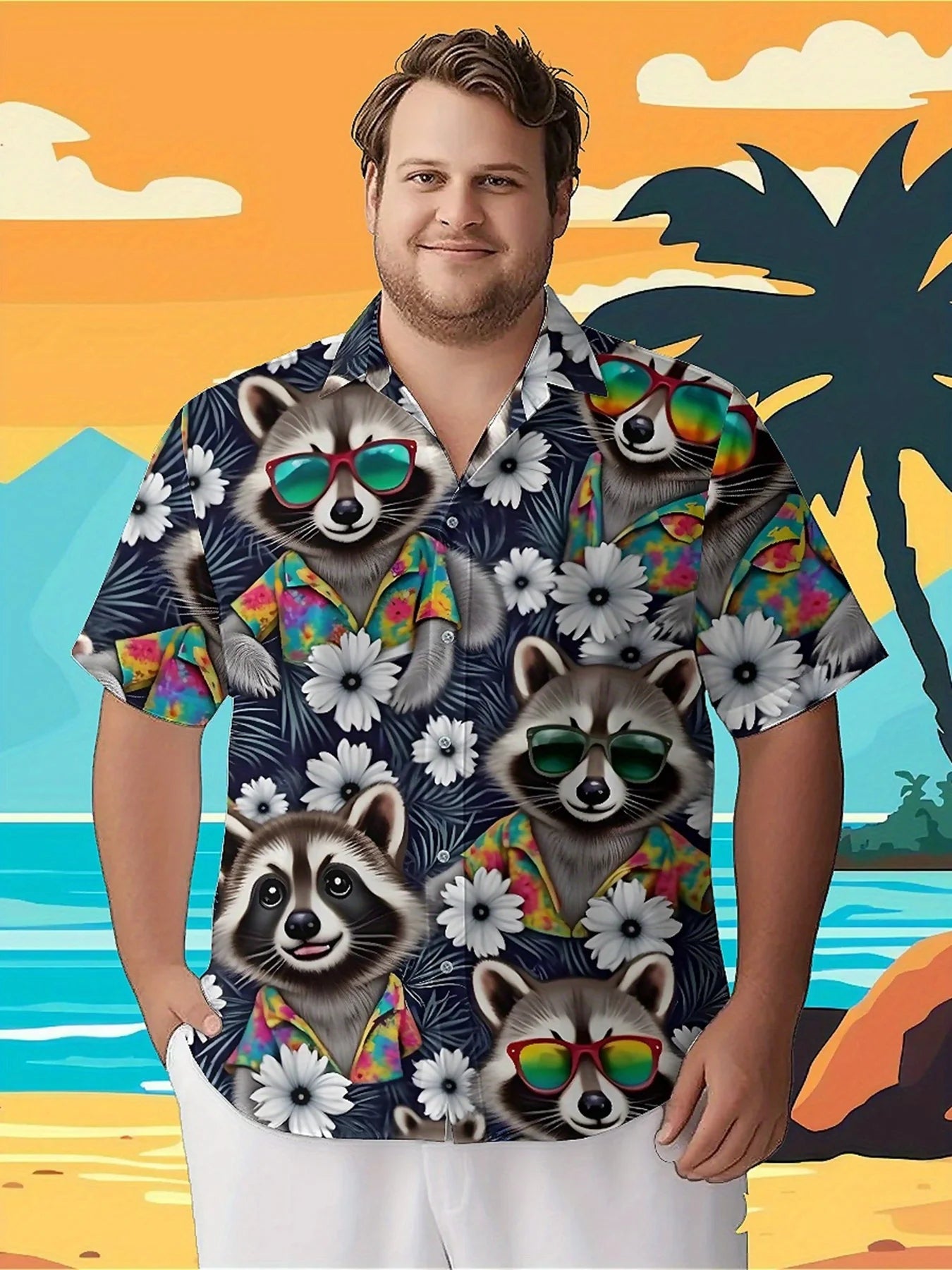 Men's Plus Size Hawaiian Shirts Raccoon and Tropical Plants pattern, Button Up Shirts, Unisex Casual Clothing, Summer Tops