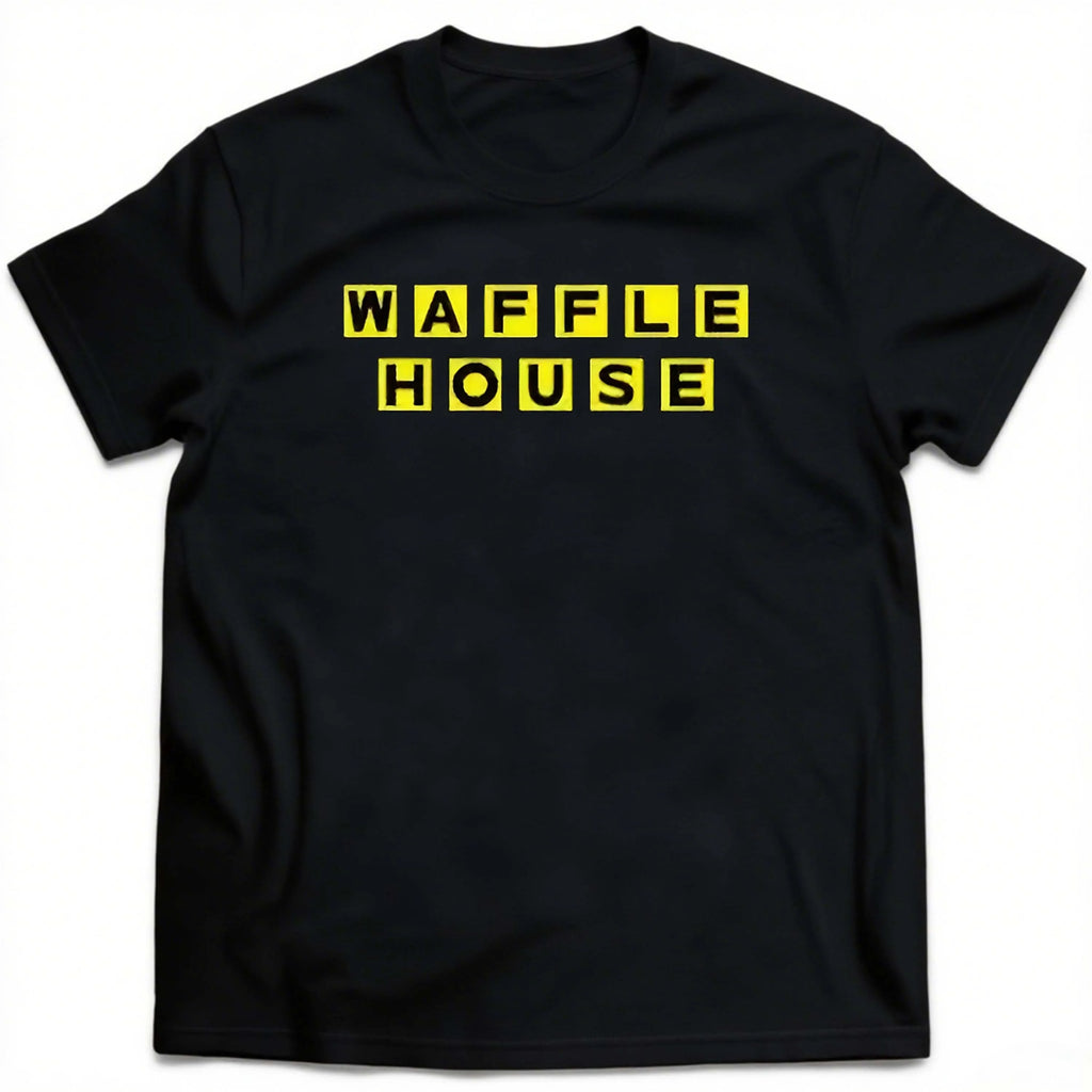 Plus Size Black Short Sleeve T-Shirt with Yellow " Waffle House" Print on Front Suitable for Outdoor Leisure Wear in Summer