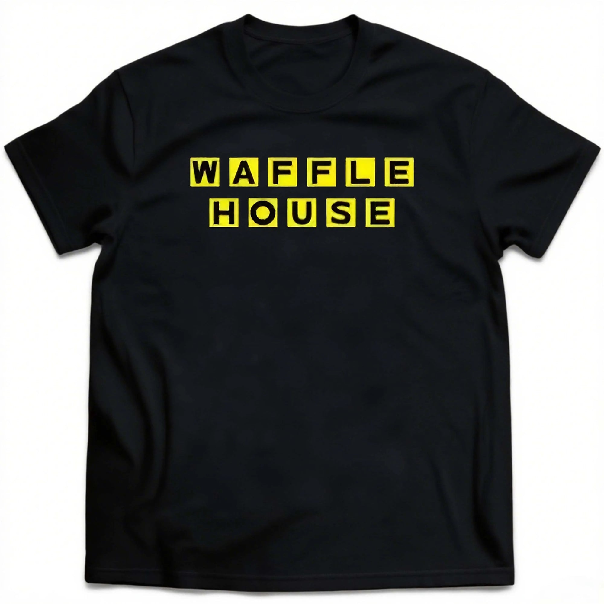 Plus Size Black Short Sleeve T-Shirt with Yellow " Waffle House" Print on Front Suitable for Outdoor Leisure Wear in Summer